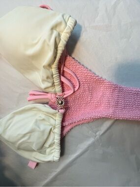 Pink and Cream Smocked Bikini Top with Sun Charm